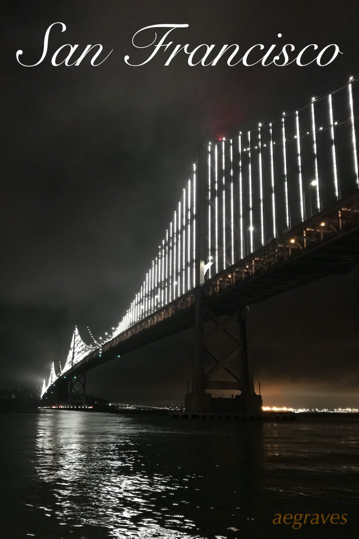 San Francisco Bay Bridge by Night in light fog