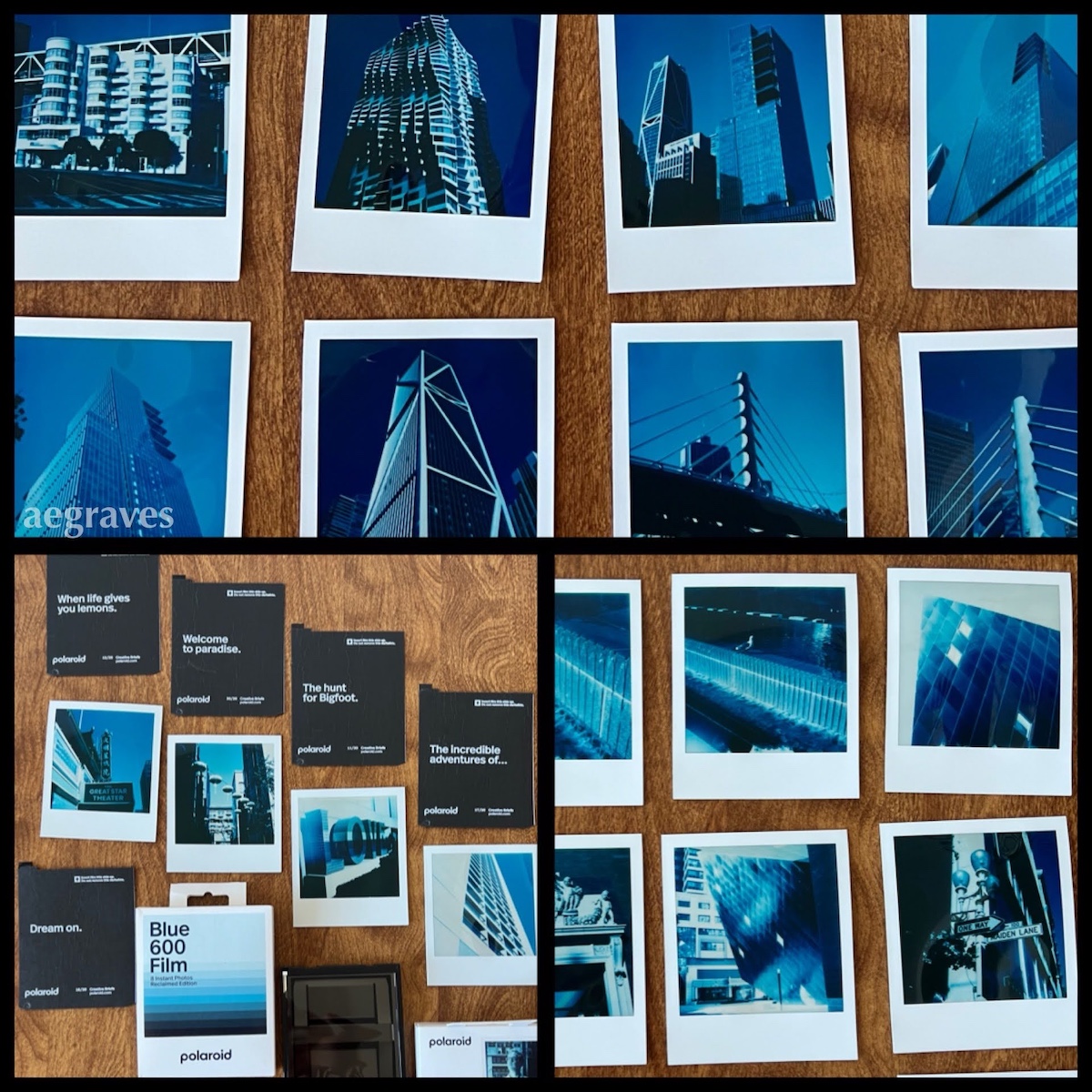 Collage of three images of blue, white, and black Polaroids, plus original packaging including darkslides with sayings on them.