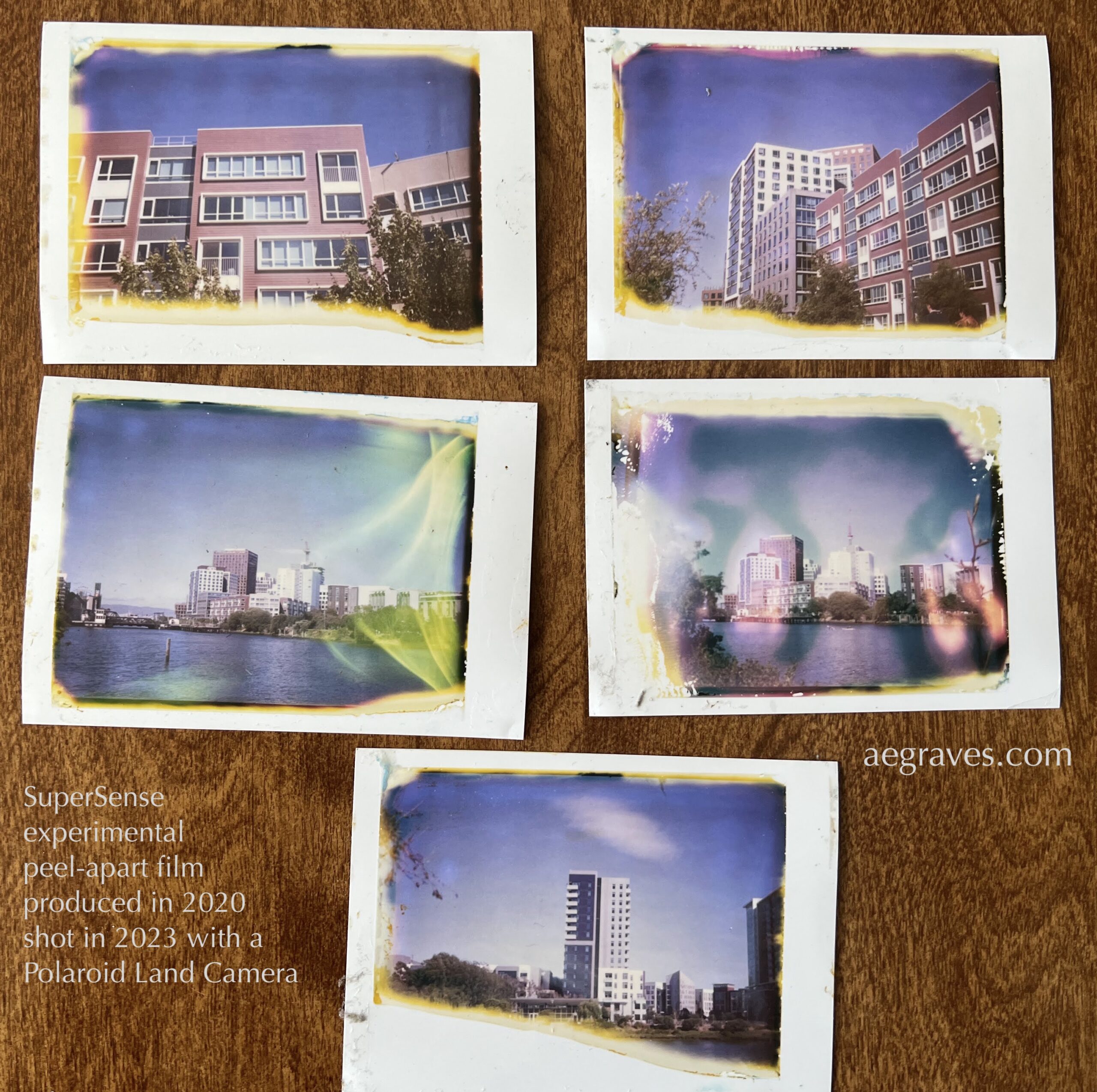 Five color prints with irregular edges of buildings in San Francisco on a brown background. The text notes that this is 2020 SuperSense media shot in 2024 in a Polaroid Land Camera