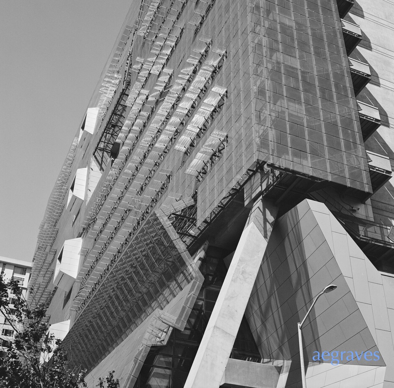 Black and white image of supports and the sun shining through screens on the east facade at the San Francisco Federal Building by Morphosis