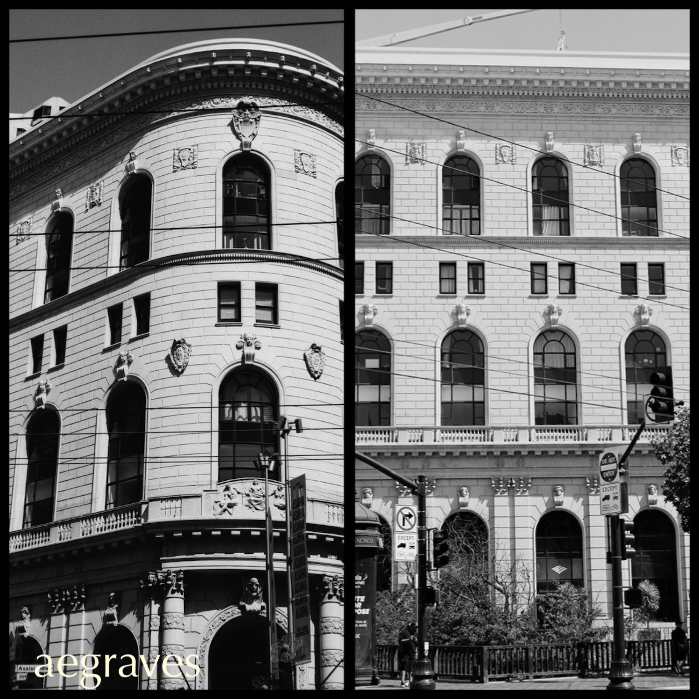 Two monochrome images of the same historic building with a complex facade of arched windows