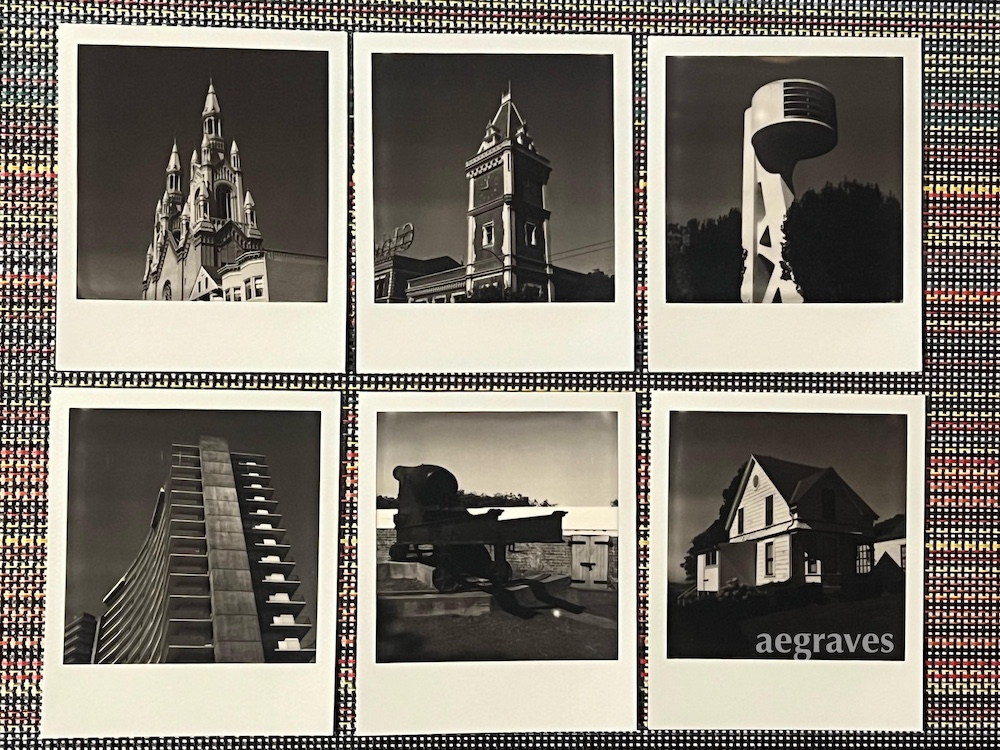 A color photo of six Black and White Polaroid images showing very high contrast, with bright whites and deep dark areas