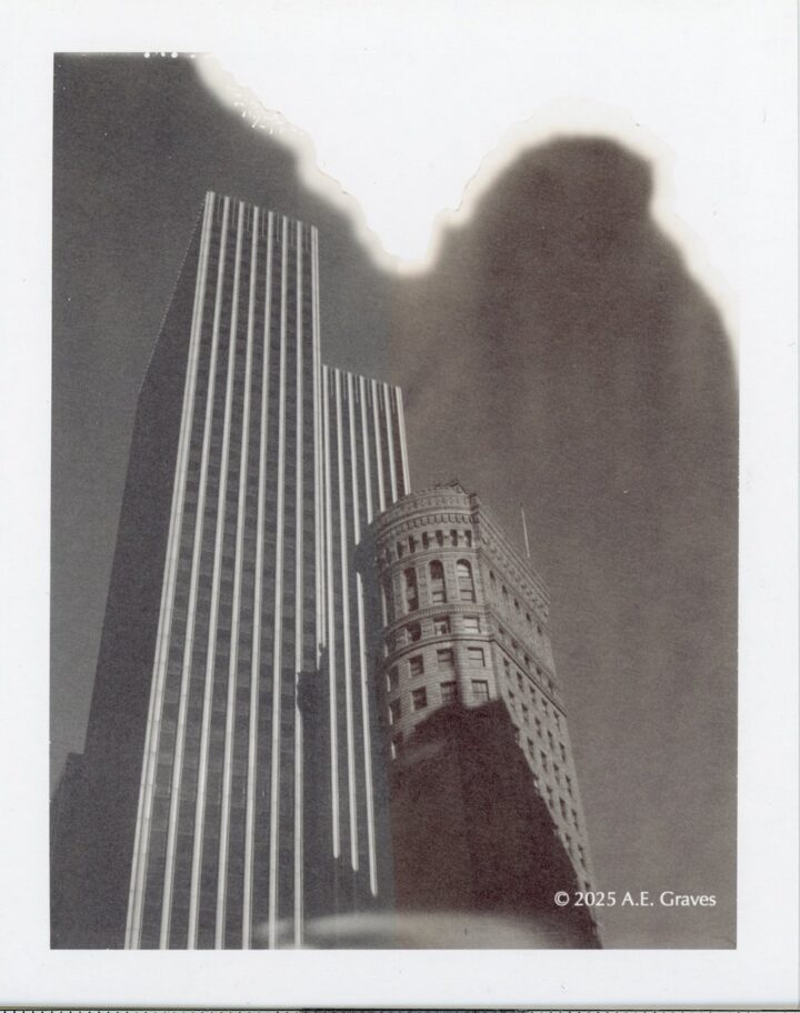 Polaroid Sepia image of the top of the Hobart Building plus a Modernist Friend