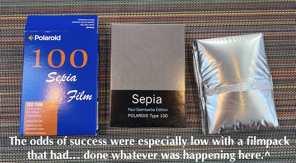 Polaroid Sepia packfilm packaging plus a bulging foil package