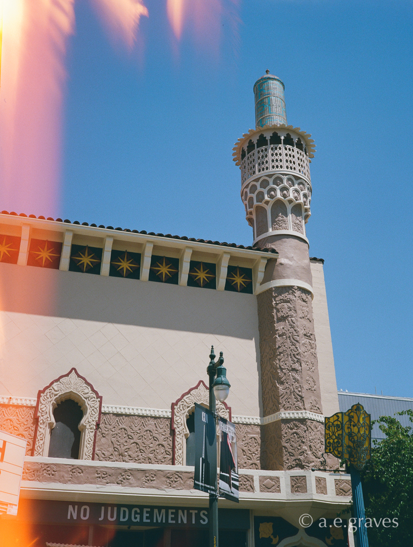 View of a decorative minaret on the south end of the Alhambra Theater