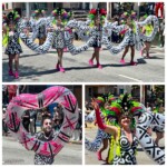 Samba Rio dancing in black and white dresses, with black and white heart-shaped baloons and red, black, and lime feathered headdresses (three images)