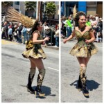 Dancer in an elaborately beaded black, gold, and green dress, hat nearly as tall as she is protruding almost horizontally from her head, and matching embroidered boots with shiny gold soles and high heels dancing down the street