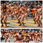 Dancers in tiger print, orange, and taupe performing with a leopard's roar at Carnaval