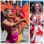 Collage of two images of three women (total) in red-orange dancing
