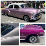 Pink pearl, gray pearl with red flecks, and fuschia paint job details on American classic cars