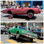 Elaborately red pattern car with unusual suspension and costumed dancer passenger; bright green car with unusual suspension