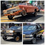 Three American cars with unusual suspension (peach and gold, black and gold, black and silver)