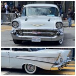 A white Bel Air with gold and silver trim, front and tail fin views