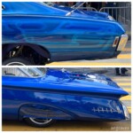 Royal blue paint on two different American cars, with elaborate detailing on portions of each