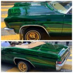Emerald green paint job on a classic American war with elaborate lighter green and gold patterns.