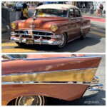 Peach, gold, white, and chrome Bel Air from the front and fin detail.