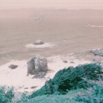 Turquoise foliage and a pale orange sky and sea with a large rock in the foreground