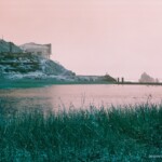 Tuquoise foliage and a side view of the current Cliff House over a pool in the ruins of Sutro Bath