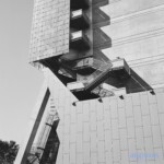 Black and white image of the northeast end and fire escape of the San Francisco Federal Building by Morphosis