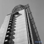 Black and white image of the roof details and external of the San Francisco Federal Building by Morphosis