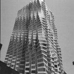 Monochrome image of a faceted skyscraper