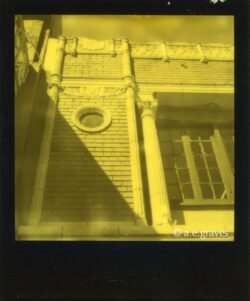 Monochrome black and yellow Polaroid image of terra cotta detailing and a corinthian column with a brick wall